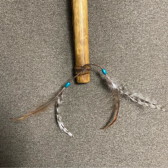 Vintage Hand Carved Wooden Flute with Leather Ties Feathers & Turquoise Beads - Picture 8 of 16